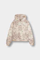 Back flat lay view of comfortable womens beige tie dye hoodie abstract print