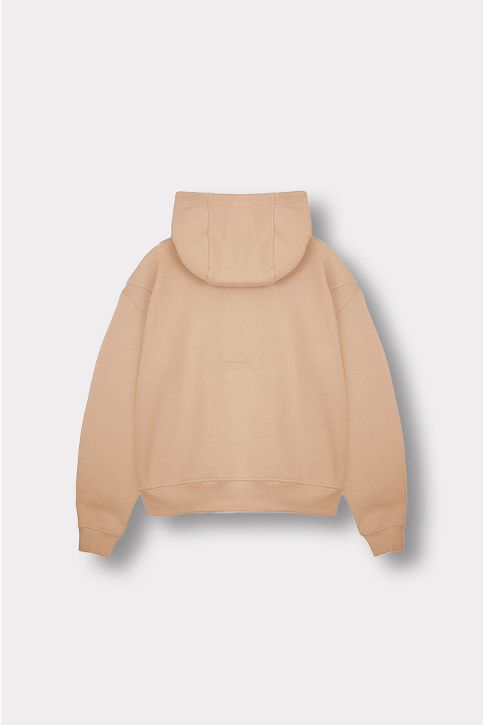 Back flat lay view of simple and comfortable womens beige hoodie