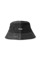 Front view of the black acid wash bucket hat with contrast stitching, laid flat