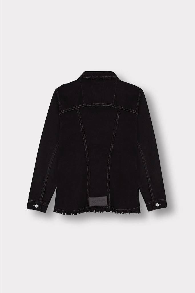 Back view of the black denim jacket with a tapered waist, laid flat.