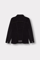 Back view of the black denim jacket with a tapered waist, laid flat.