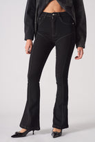 Front close-up of the women's black high-rise flare jeans with contrast stitching.