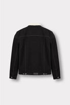Back view of the black shearling denim jacket laid flat.