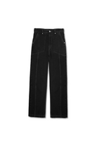 Front view of the black wash straight leg jean laid flat.