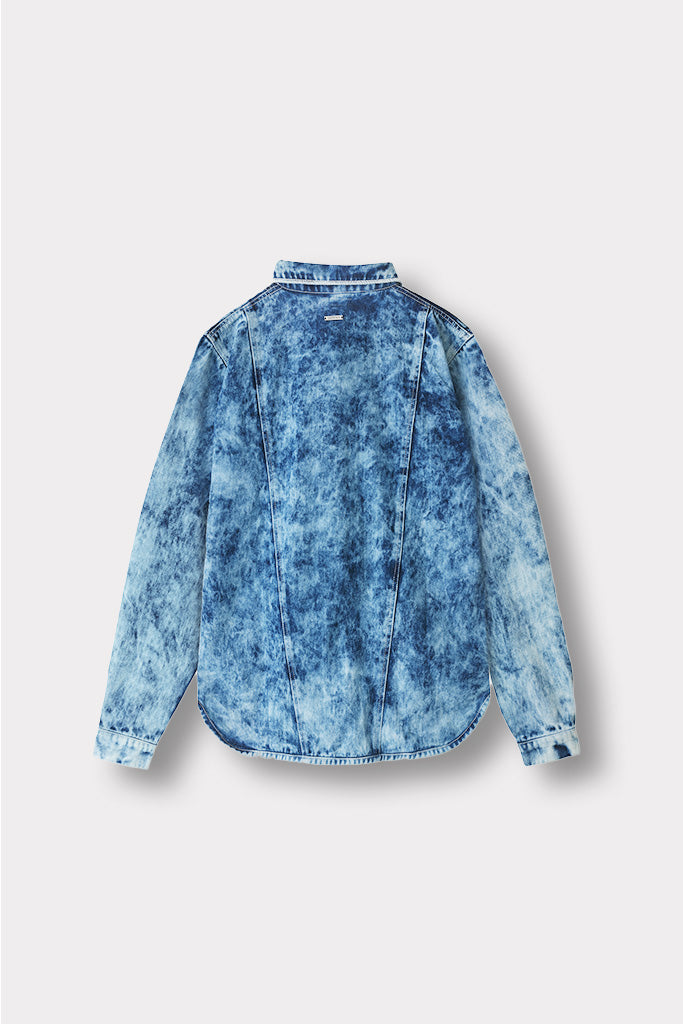 Back view of the bleach wash seam detail shirt laid flat.