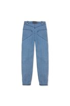 Back view of the women's blue cargo jeans laid flat.