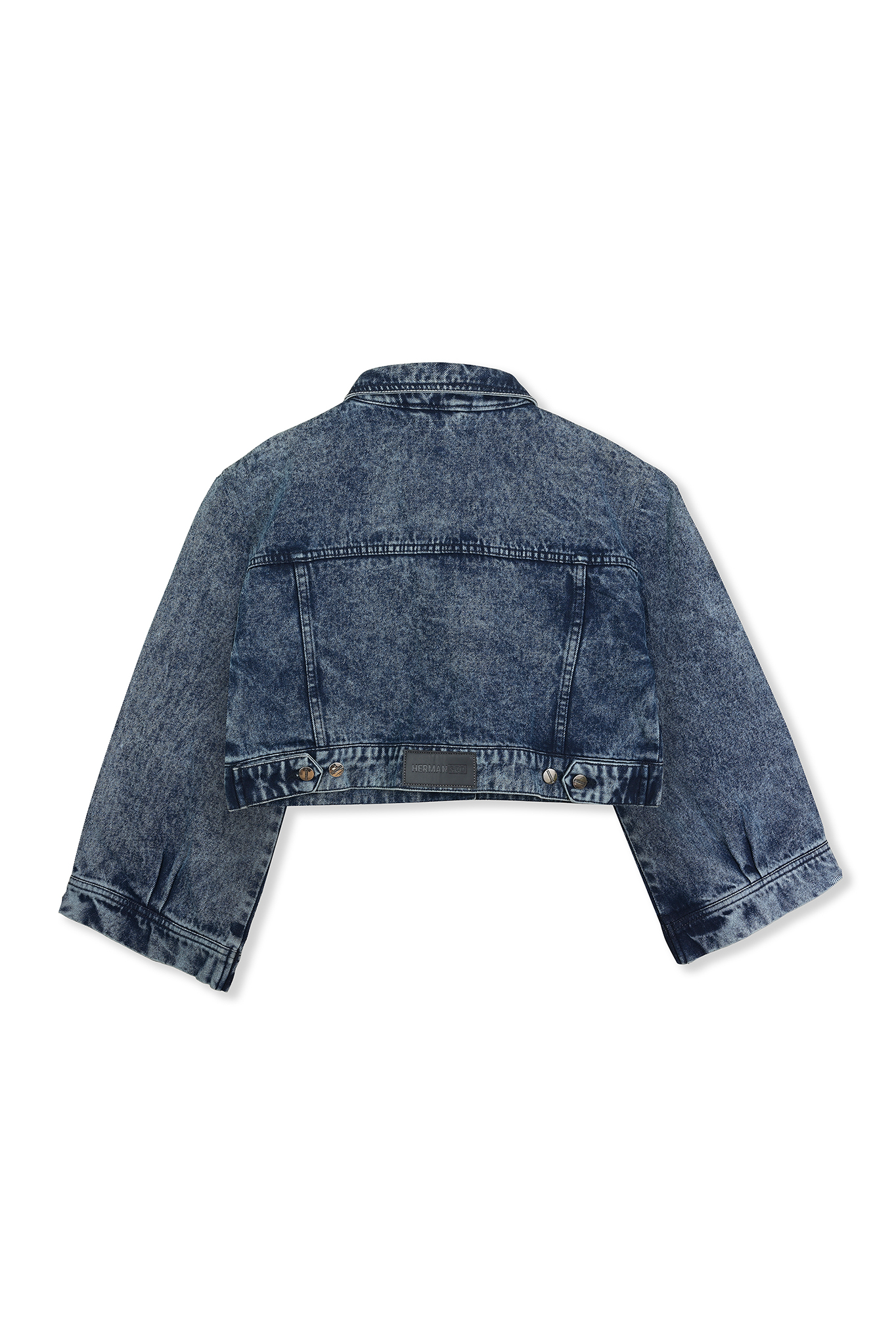 Back view of the blue two-tone denim jacket laid flat.