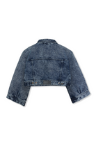 Back view of the blue two-tone denim jacket laid flat.
