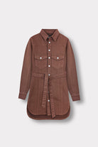 Front view of the brown belted denim shirt dress laid flat