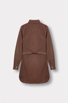 Back view of the brown denim dress with its belt, laid flat