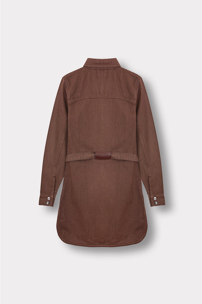 Back view of the brown denim dress with its belt, laid flat