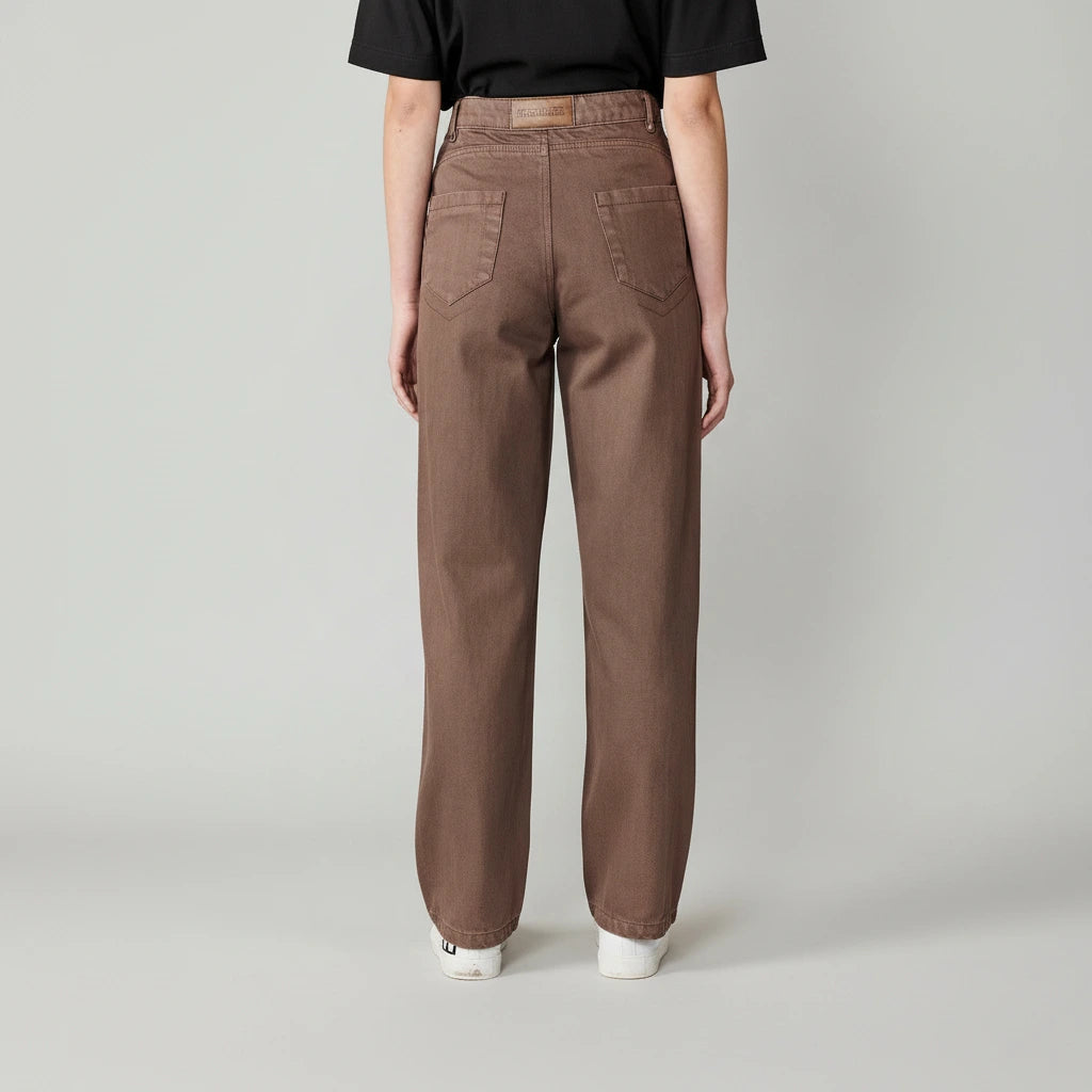 Back view of the brown wash baggy jeans for women.