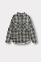 Front view of the women's dark green check shirt laid flat.