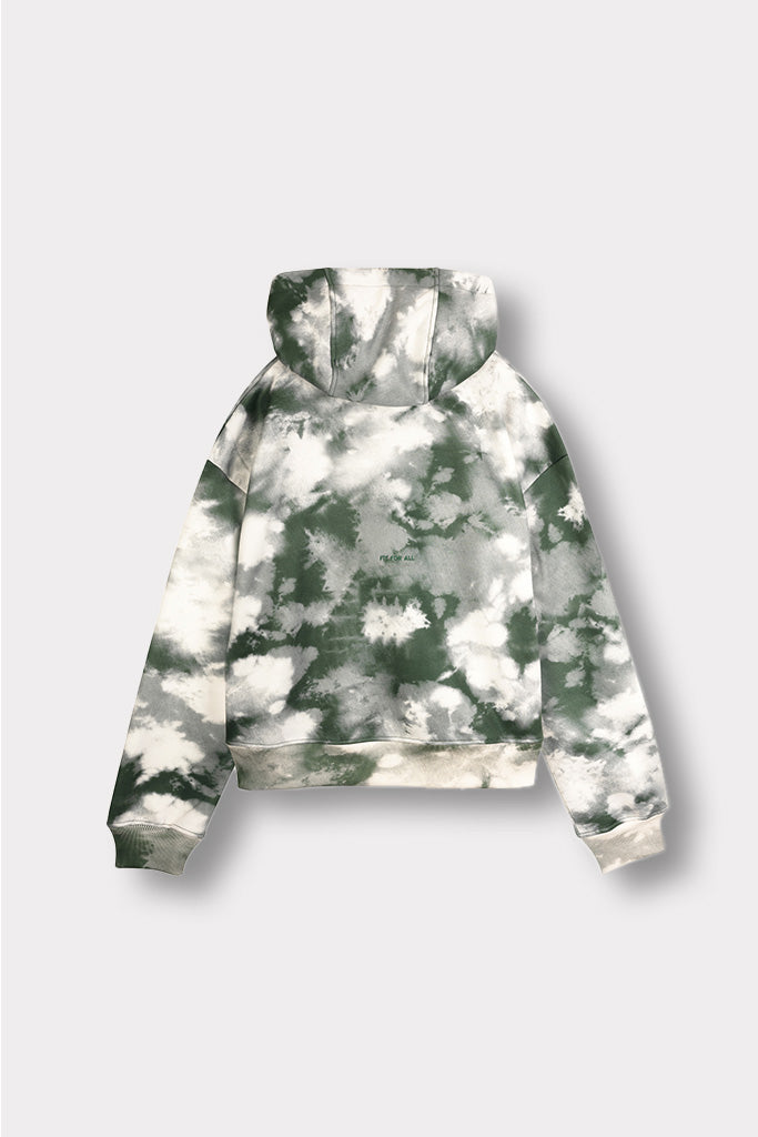 Back flat lay view of stylish womens tie dye dark green hoodie