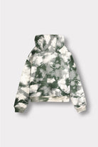 Back flat lay view of stylish womens tie dye dark green hoodie