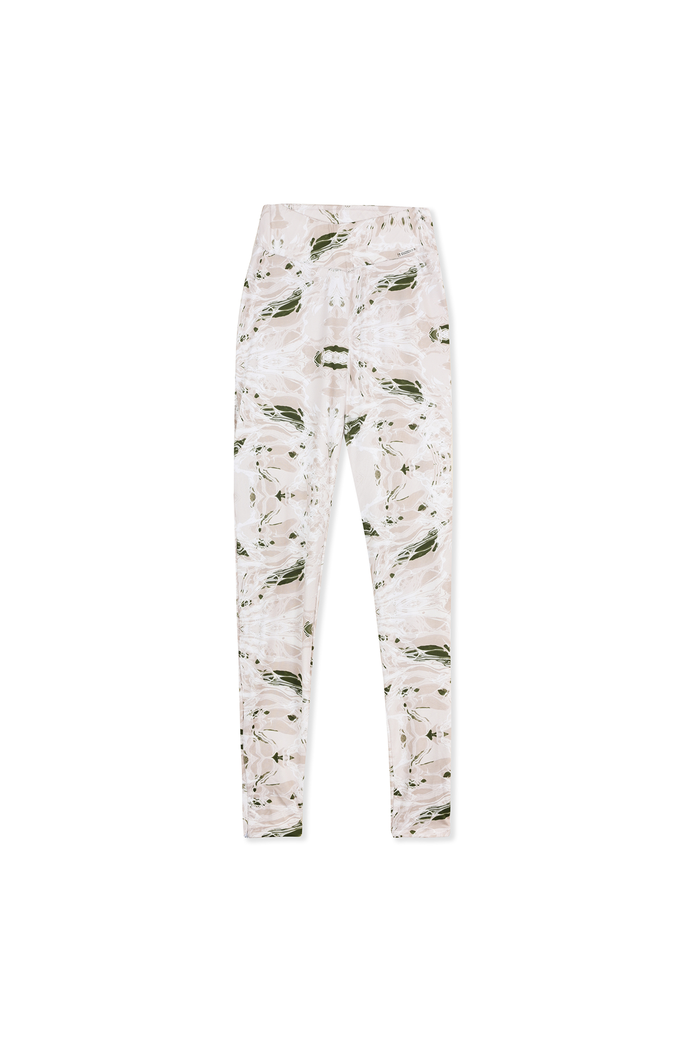 Back view of the printed dipped waist leggings laid flat.