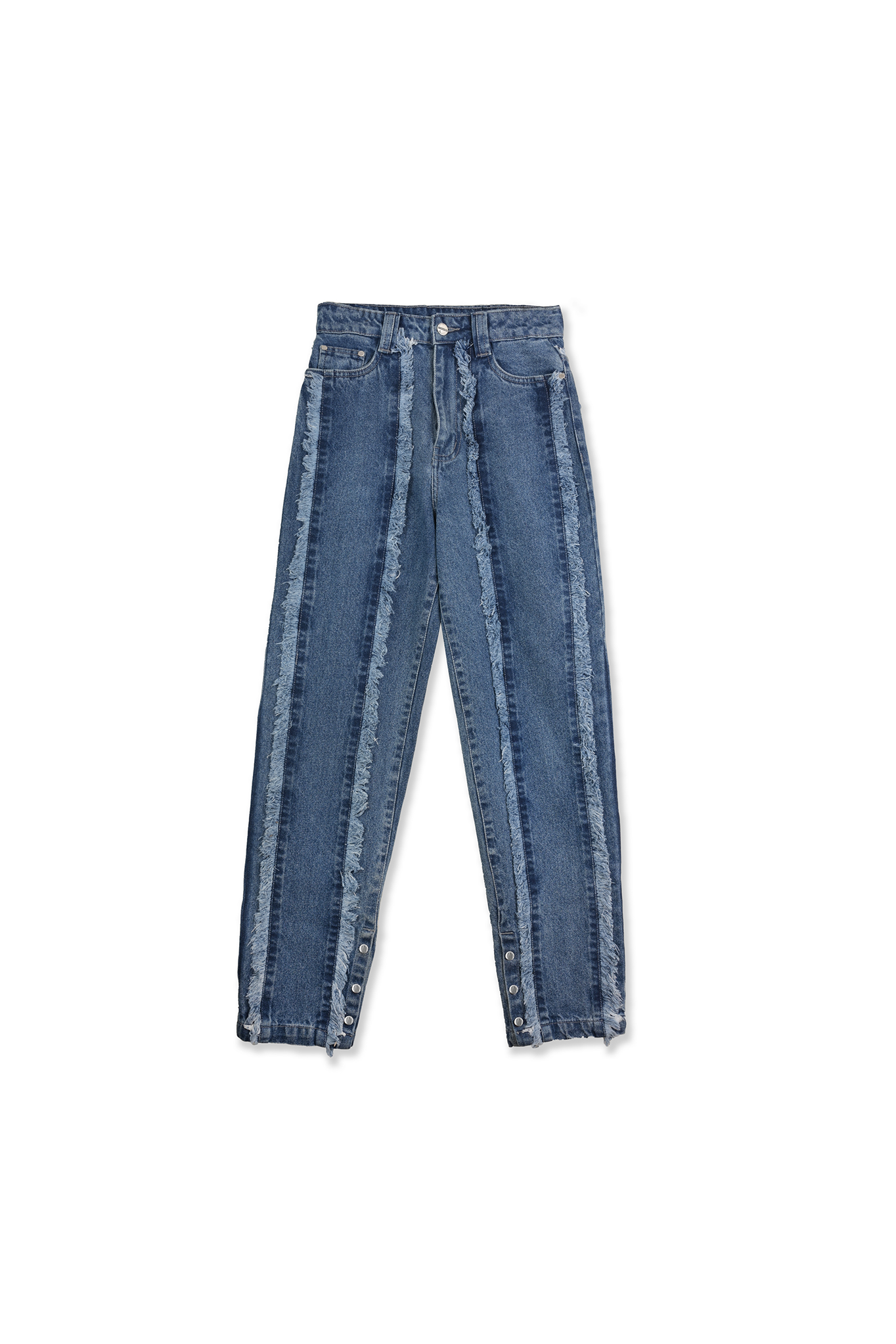 Front view of the women's distressed blue straight leg jeans laid flat.