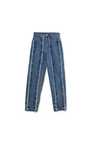 Front view of the women's distressed blue straight leg jeans laid flat.