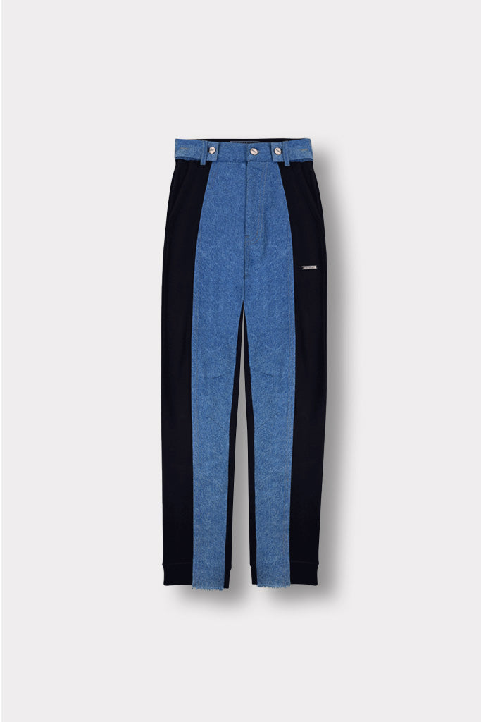 Front view of the fleece and denim straight leg joggers laid flat