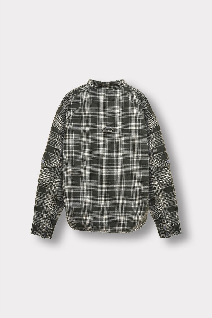 Back view of the green check oversized shirt laid flat.