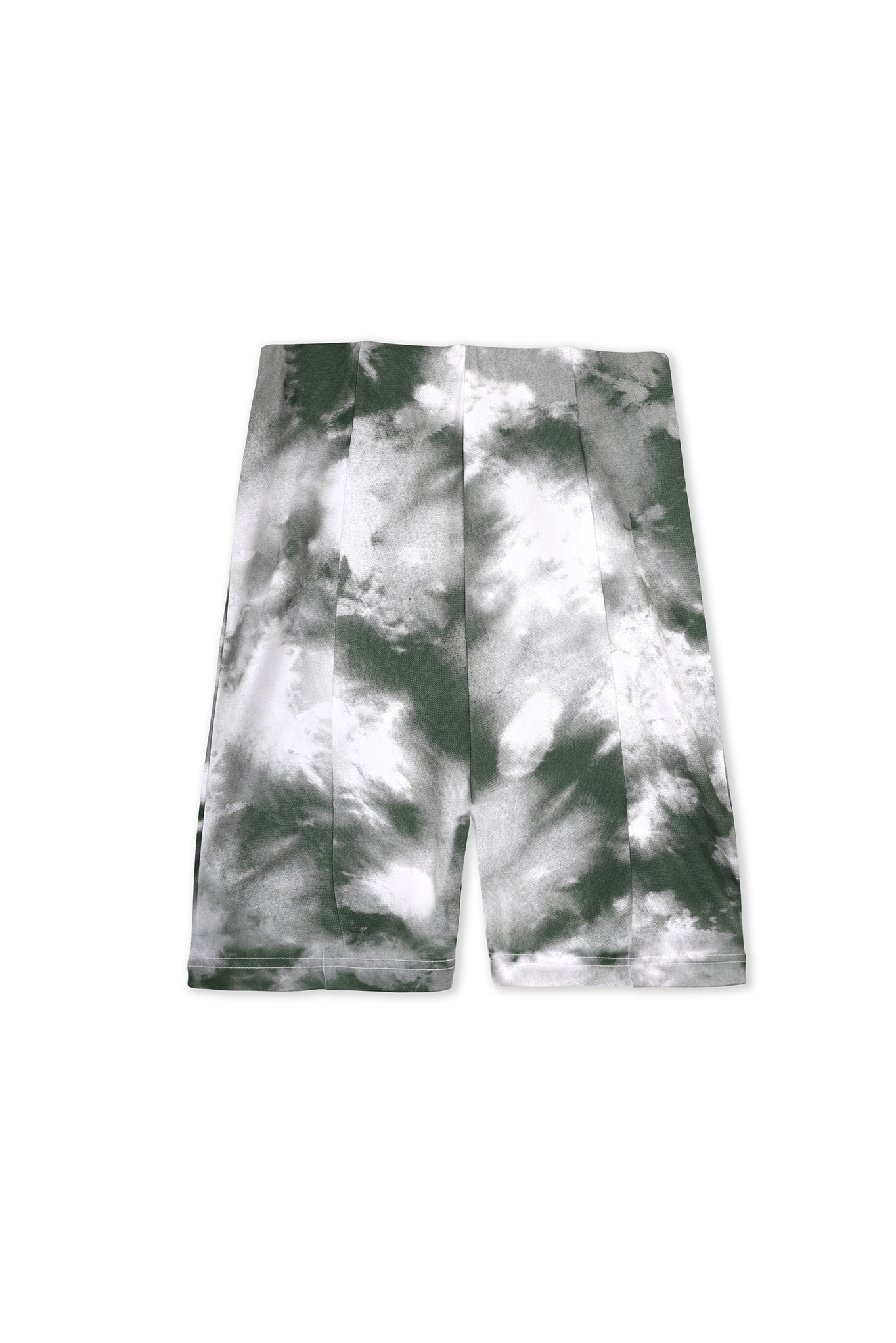 Front view of the green tie-print cycling short laid flat.