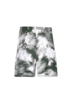 Front view of the green tie-print cycling short laid flat.