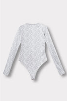 Back view of the grey printed cut-out bodysuit laid flat.