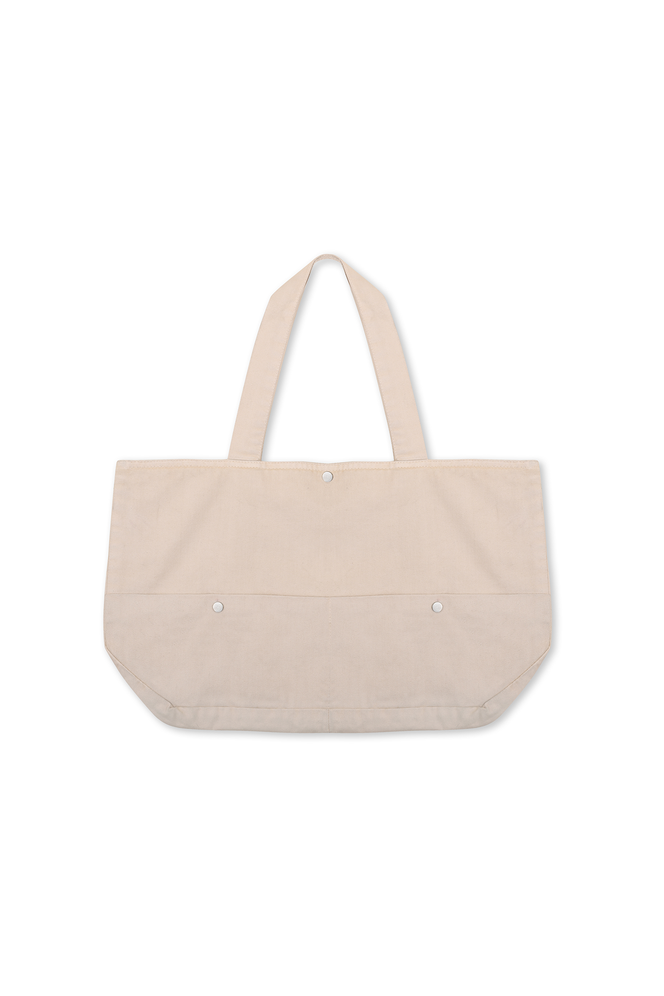 Large ecru tote bag with outer pocket details, laid flat