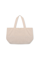 Large ecru tote bag with outer pocket details, laid flat