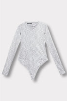 Light grey printed long-sleeve bodysuit with cut-out shoulders, laid flat.