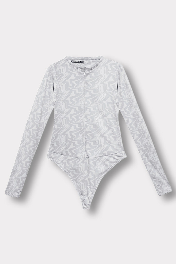 Light grey printed long-sleeve bodysuit with cut-out shoulders, laid flat.