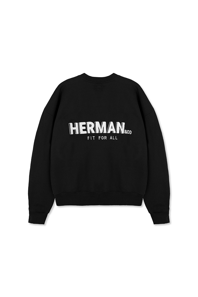 Back flat lay view showing the statement white logo on black crewneck sweatshirt