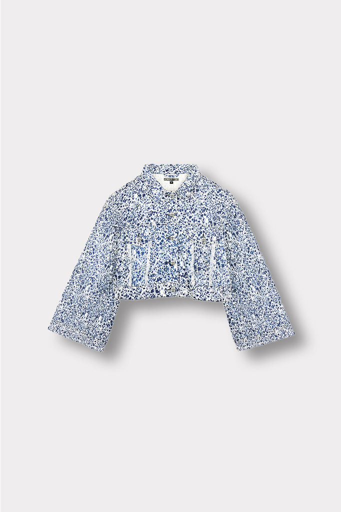 Front view of the marble print wide sleeve denim jacket laid flat.