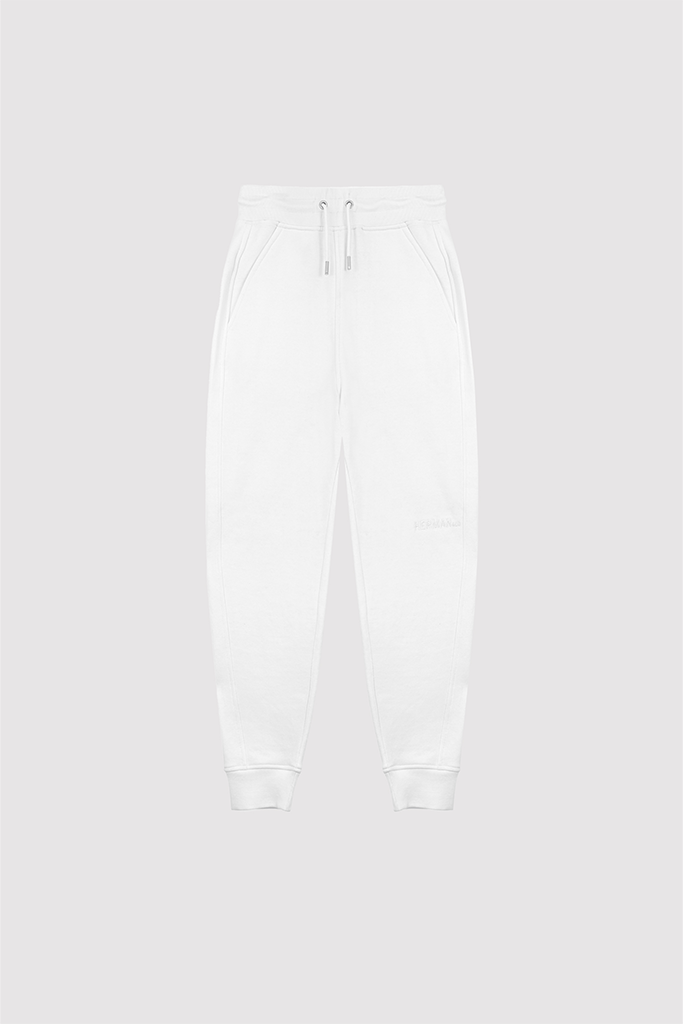 Front view of the men's white tapered jogger laid flat.