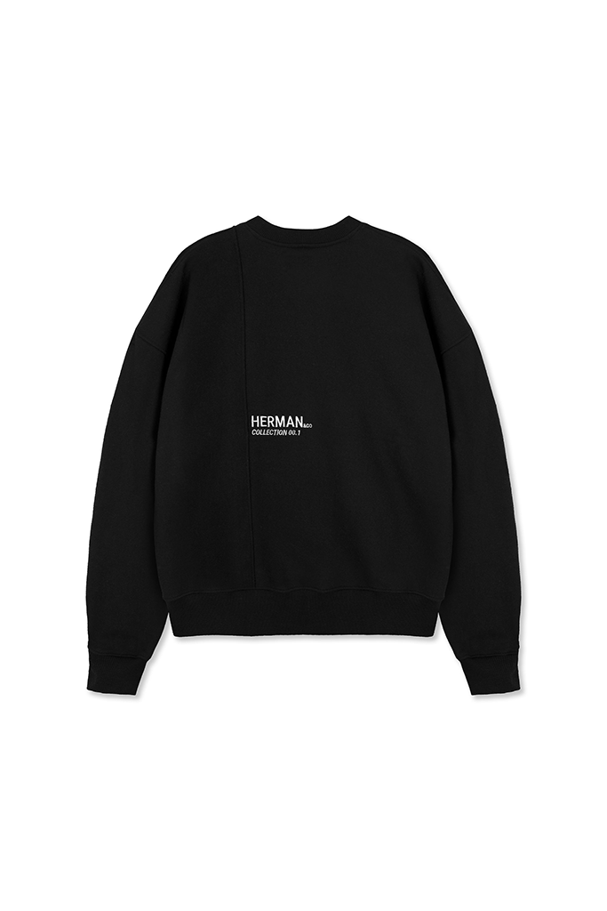 Front view of the men's black crew neck fleece jumper laid flat.