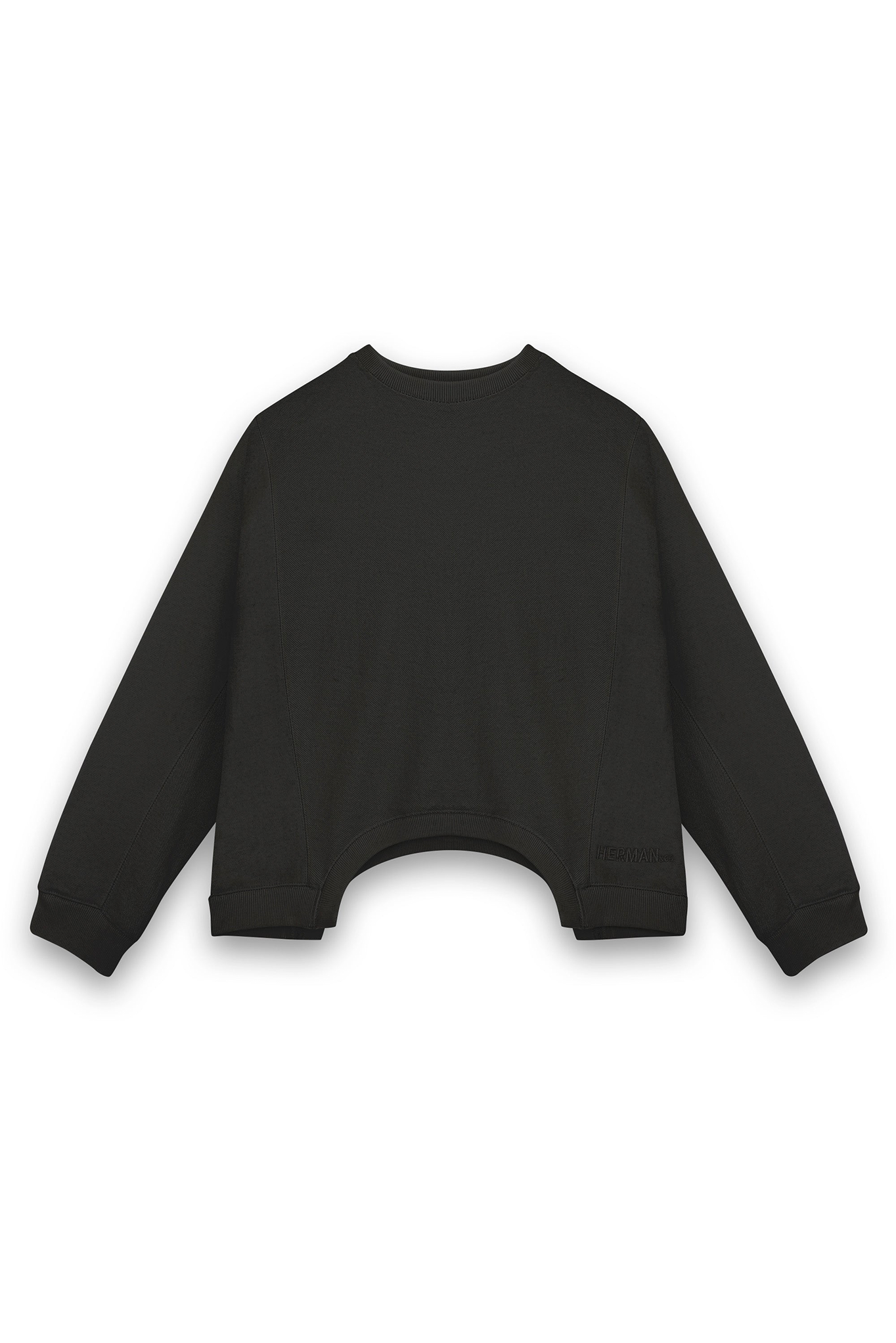 Back view of the men's black crew neck jumper laid flat.