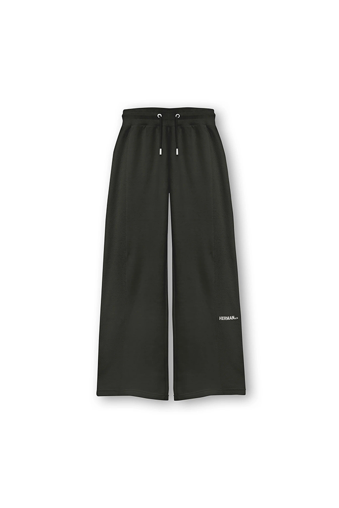 Flat lay front view of stylish mens black wide leg joggers