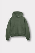 Flat lay front view of essential mens dark green hoodie