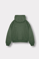 Back flat lay view of simple dark green hoodie for men