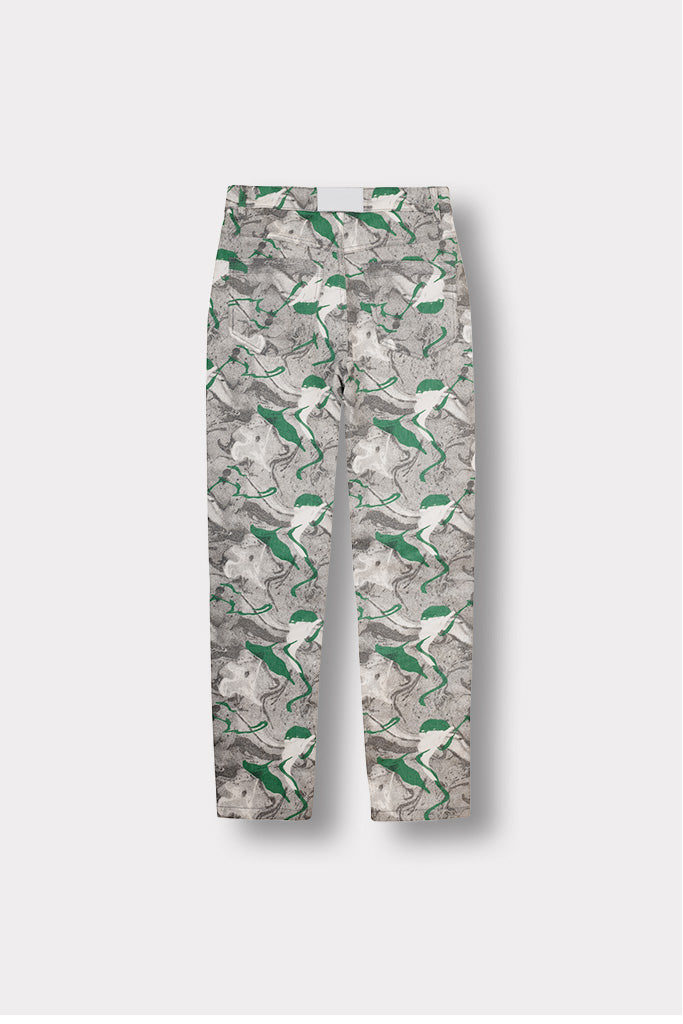 Back view of the men's printed denim jeans laid flat.