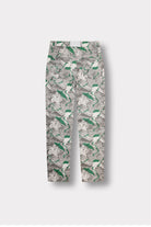 Back view of the men's printed denim jeans laid flat.