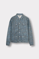 Men's grey speckled print jacket with button front, laid flat.