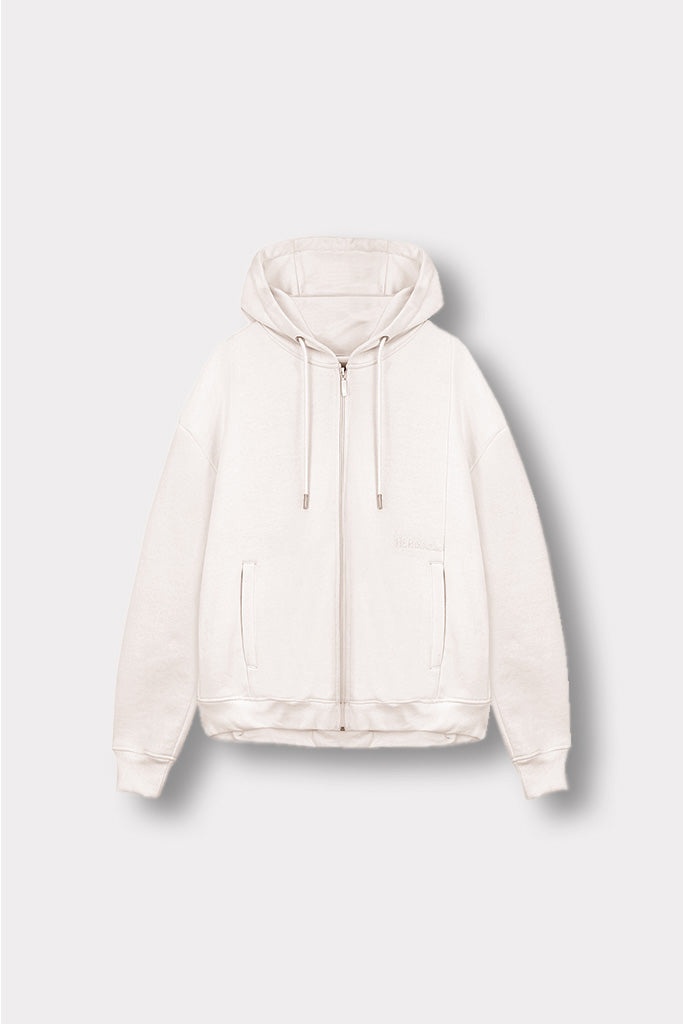 Flat lay front view of essential mens white hoodie zip up
