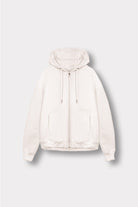 Flat lay front view of essential mens white hoodie zip up