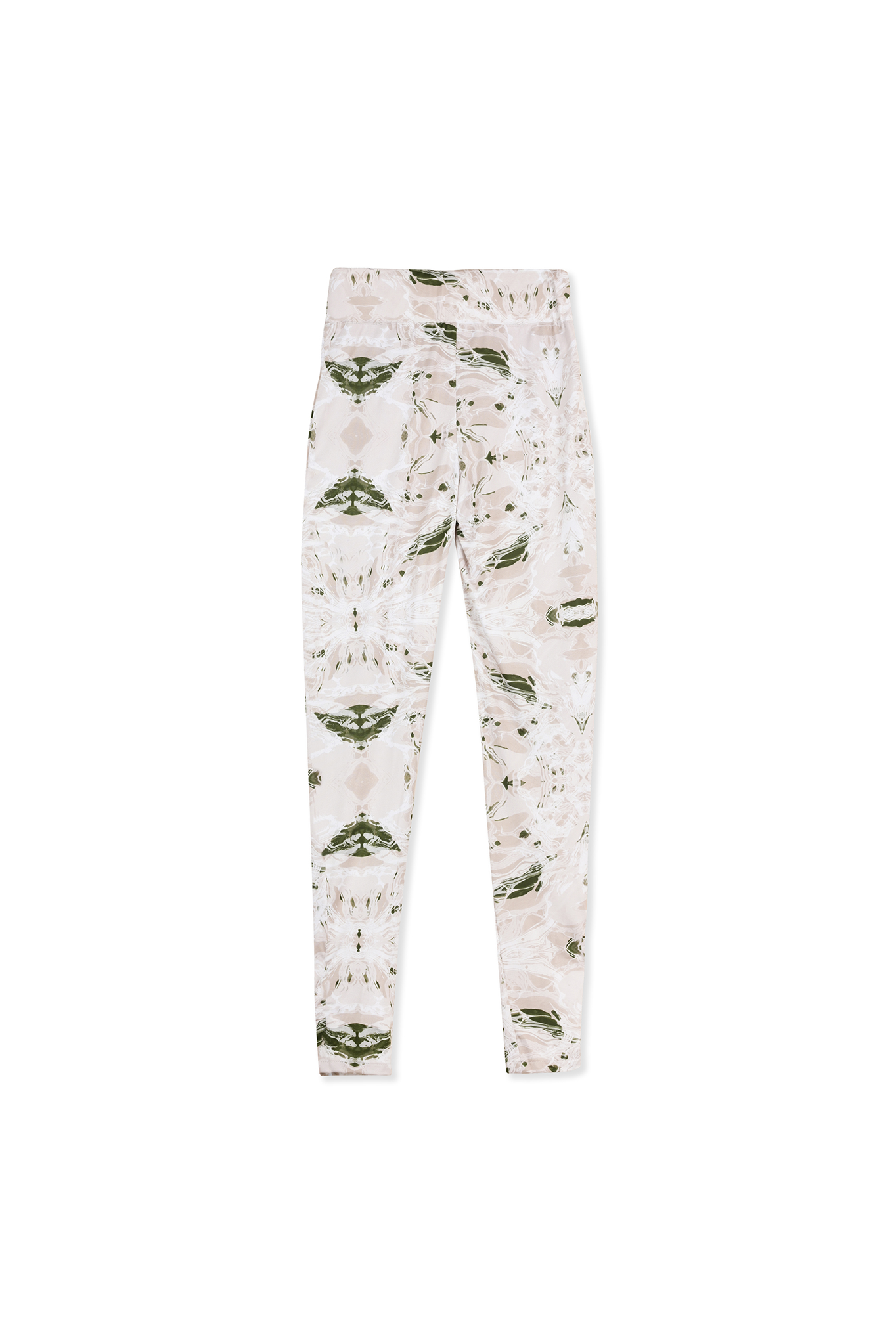 Front view of the printed dipped waistband legging laid flat.