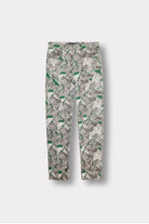 Front view of the printed jeans for men laid flat.