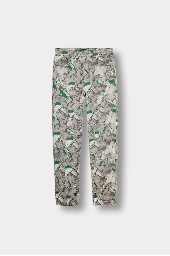 Front view of the printed jeans for men laid flat.