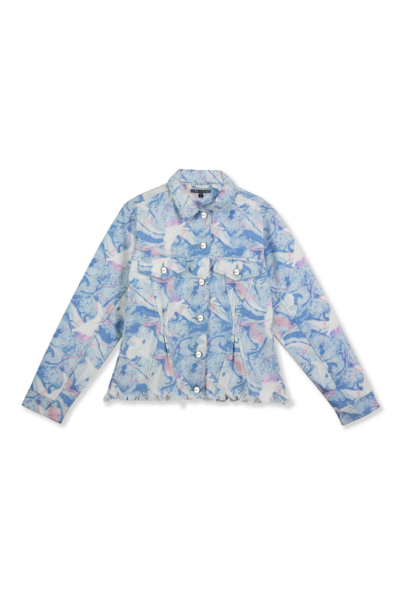 Front view of the psychedelic marble print denim jacket laid flat.