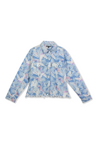 Front view of the psychedelic marble print denim jacket laid flat.