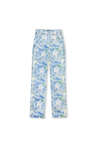 Front view of the psychedelic marble print jeans laid flat.